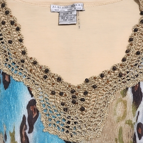 ALBERTO MAKALI CROCHET, BEADED, CRINKLED ANIMAL PRINT BLOUSE - Picture 6 of 9